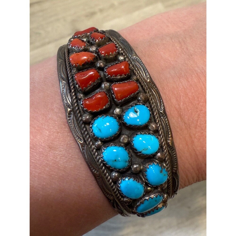 Navajo Yellowhorse Turquoise Coral Sterling Silver Cuff Bracelet Native American
